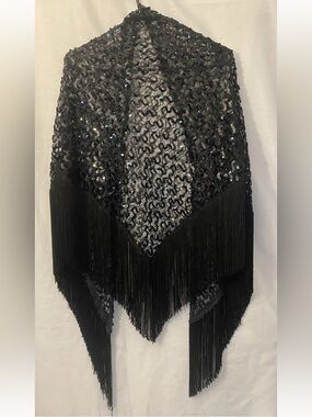 Black Sequin Fringe Shawl - Elegant Evening Wrap